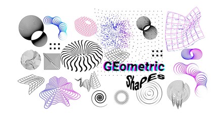 Poster - Digital shapes. Abstract graphic elements, outline geometric forms. Modern dynamic figures and surfaces. Isolated decorative black and lilac flowing down textures. Vector futuristic flat illustration