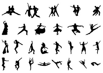 A set of silhouettes of dancing couples and people isolated on a white background