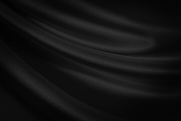 Abstract black background. Black silk satin texture background. Beautiful soft folds on the fabric. Black elegant background with copy space for your design.