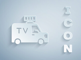 Sticker - Paper cut TV News car with equipment on the roof icon isolated on grey background. Paper art style. Vector.