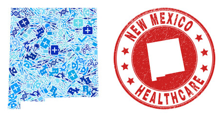 Sticker - Vector collage New Mexico State map with syringe icons, chemical symbols, and grunge healthcare seal stamp. Red round stamp with scratched rubber texture and New Mexico State map text and map.