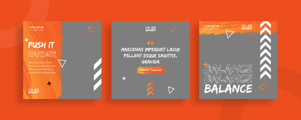 Set of editable templates for Instagram post, Facebook square, social media, gym, sport, advertisement, and business promotion, fresh design with orange color and minimalist vector (2/3)