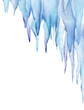 Watercolor upper right corner template. Hanging massive block of icicles. Sharp blue stalactites on white background. Hand drawn winter illustration with place for text