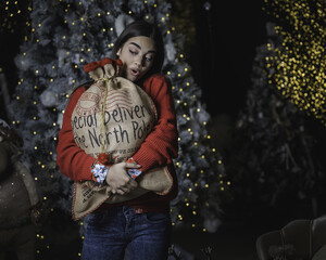 Canvas Print - A selective focus shot of an attractive happy female surrounded by Christmas decorations