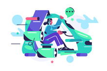 Girl In Headphones Flies On A Flying Car Of The Future, Turbines, Levitation, Isolated On A White Background, Flat Vector Illustration