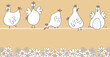 funny chickens on the chicken perch above a wildflower meadow, cartoon, illustration, vector