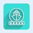 © Kostiantyn - White line Cruise ship icon isolated with long shadow. Travel tourism nautical transport. Voyage passenger ship, cruise liner. Worldwide cruise. Green square button. Vector.