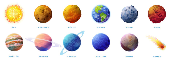 Poster - Planets of Solar system and comet isolated cartoon set on white. Vector inner, rocky Mercury, Venus and Earth, Mars. Outer space gas giants Jupiter and Saturn, ice Uranus and Neptune, Pluto, Sun Moon
