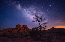 A Beautiful Shot Of The Cathedral Rock Under The Stars, Milky Way On The Night Starry Sky