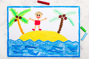 Wall Mural - Colorful drawing: happy boy resting on the island. Vacation times