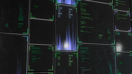 Poster - High-tech background with touch panels and digital data. Animation. 3D metal panels with touch numeric data move in rows. 3D panels with touch data