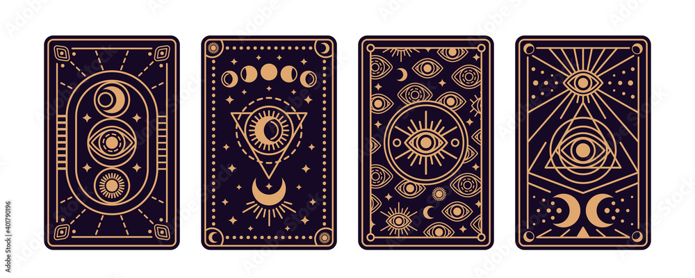 Magical tarot cards deck set. Spiritual moon and celestial eye symbols. Vector illustration. Astrology or sacred geometry poster design. Magic occult pattern, esoteric boho style. - obrazy, fototapety, plakaty 