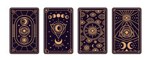 Magical Tarot Cards Deck Set. Spiritual Moon And Celestial Eye Symbols. Vector Illustration. Astrology Or Sacred Geometry Poster Design. Magic Occult Pattern, Esoteric Boho Style.