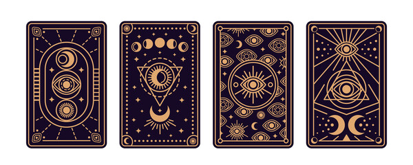 Magical tarot cards deck set. Spiritual moon and celestial eye symbols. Vector illustration. Astrology or sacred geometry poster design. Magic occult pattern, esoteric boho style.