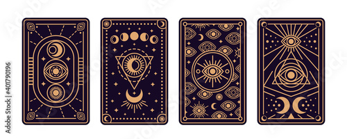 Magical tarot cards deck set. Spiritual moon and celestial eye symbols. Vector illustration. Astrology or sacred geometry poster design. Magic occult pattern, esoteric boho style. © kotoffei