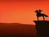 Fototapeta Konie - sunset wild west vector silhouette scene with native american woman riding horse at cliff top with view over mountains