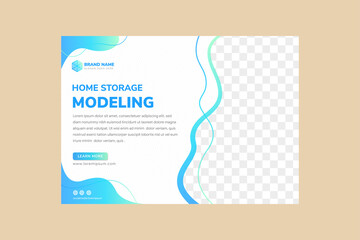 Poster - flyer template design of home storage modeling use blue gradient colors on element. liquid style on white background. diagonal line pattern. horizontal layout with space for photo collage. 