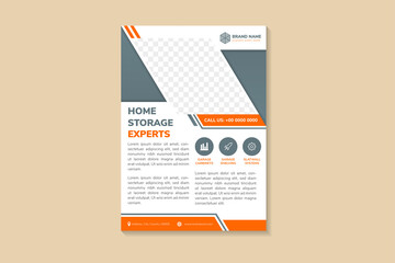 Poster - flyer template design of home storage experts use soft grey and orange colors in element. white background with diagonal shape for photo space.