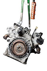 Poster - Close Up of V6 engine for the maintenance and repair of a car in a auto service on white isolated background. Vehicle parts catalog.