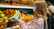© sushytska - Young girl in medical masks makes purchases in a supermarket in search of food.