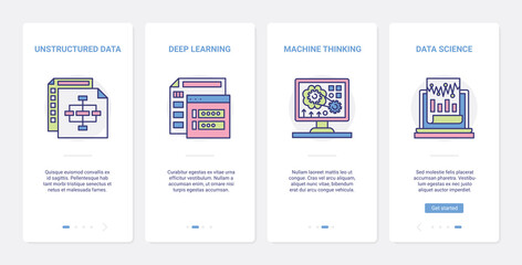 Wall Mural - Data science learning, machine thinking technology vector illustration. UX, UI onboarding mobile app page screen set with line digital unstructured data symbols, computing connection database service