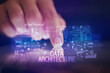 © ra2 studio - Finger touching tablet with web technology icons and DATA ARCHITECTURE inscription