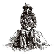 Historic Native American Oglala Sioux Chief Young-Man-Afraid-of-His-Horses Sitting Lonely On Rock