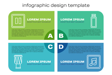 Set line Drum, Pause button, Music note, tone and USB flash drive. Business infographic template. Vector.