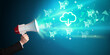 © ra2 studio - Young person yelling in loudspeaker with download from cloud icon, modern technology concept