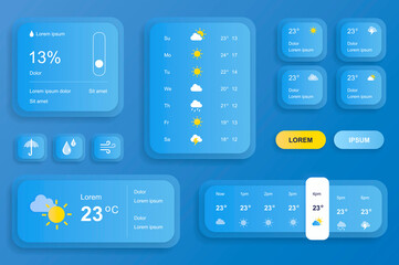 Fototapete - GUI elements for weather forecast mobile app. Temperature, atmospheric pressure, weather condition user interface generator. Ui ux toolkit vector illustration. Current and hourly forecast components.