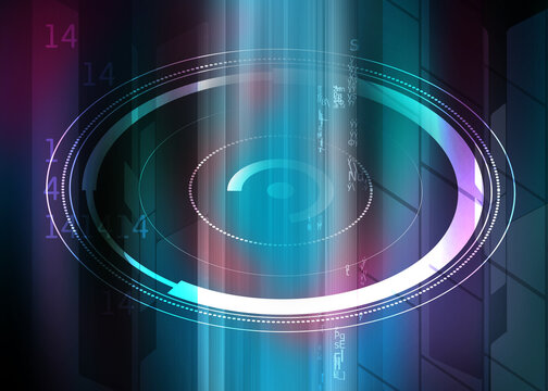 Virtual reality - digital background, technological neon glowing circle portal, information flow, computer graphics