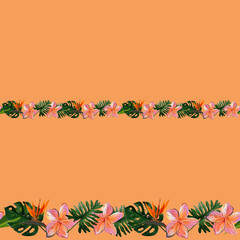 Seamless border of Tropical Hawaii leaves and flowers isolated on orange for duct tape, adhesive tape, ribbons, fabric trim, footer, letterhead. Gouache hand drawn illustration.