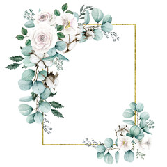 Watercolor rectangle Floral frame. Gold foliage geometric frame. Decorated with Eucalyptus branches, cotton and white roses. Herbal greenery composition. 