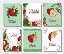 Set Of Postcards For The Jewish New Year. Harvest. Apples. Rosh Hashanah.