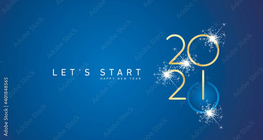 Start of Happy New Year 2021 golden white shining stars rounded typography blue background banner and turn on button icon - obrazy, fototapety, plakaty 