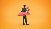 Businessman On Inflatable Pink Flamingo. Vacation Concept. 3d Rendering