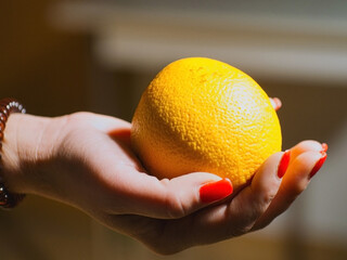 A female hand holding a lemon