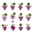 Set of leaves, bunch of grapes in simple flat style. Logos, icons for wine design concept or viticulture. Grapes decorative pattern. Vector illustration