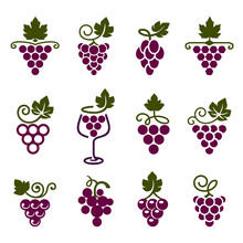 Set Of Leaves, Bunch Of Grapes In Simple Flat Style. Logos, Icons For Wine Design Concept Or Viticulture. Grapes Decorative Pattern. Vector Illustration