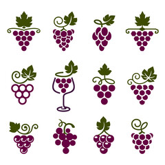 Set of leaves, bunch of grapes in simple flat style. Logos, icons for wine design concept or viticulture. Grapes decorative pattern. Vector illustration