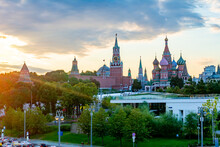 Cathedral Of Vasily The Blessed (Saint Basil's Cathedral) And Towers Of Moscow Kremlin On Red Square At Sunset, Russia