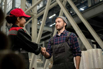 Poster - Young successful engineer in overalls and checkered shirt shaking hand of female