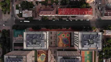 Wall Mural - Flying over houses and streets. View from the height.
