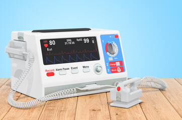 Poster - Automated external defibrillator on the wooden planks, 3D rendering