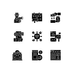 Sticker - Marketing strategies black glyph icons set on white space. Advertising product on close range area. Sending adds directly to customers. Silhouette symbols. Vector isolated illustration