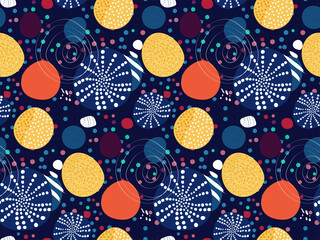 Colorful seamless pattern with various geometric shapes in a  retro futuristic style. Creative abstract print in a bright color. Unusual design. Сoncept of a festive confetti, template for fabrics