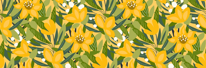 Wall Mural - Seamless vector floral pattern with hand drawn flowers, buds, leaves on yellow background. Tropical Botanical Motifs. Elegant template for fashion prints, fabrics, wallpapers... Sunny  creative design