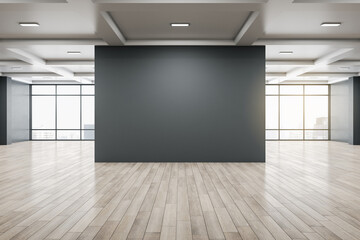 Wall Mural - Minimalistic gallery interior with empty black billboard