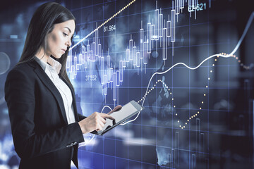 Aufkleber - Businesswoman using digital tablet with stock analytics interface