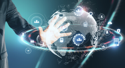 Leinwandbilder - Businessman hand using global social network interface